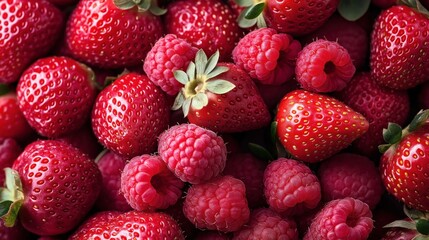 Close-up of fresh strawberries and raspberries with vibrant red colors and green leaves, showcasing a textured and ripe appearance.