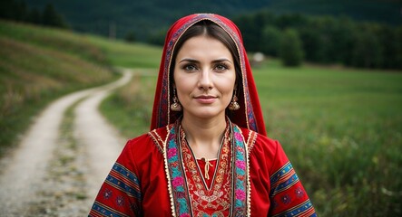 Georgian woman in traditional attire proud expression portrait photo rural setting