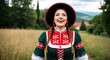 © sevenSkies - Hungarian woman in folk attire joyful expression portrait photo countryside setting