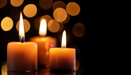 Wall Mural - closeup of 3 burning candles on abstract black background contemplate celebration mood with blurry l