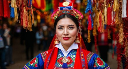 Peruvian young woman in traditional attire proud expression portrait photo festive background