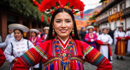 Peruvian young woman in traditional attire proud expression portrait photo festive background