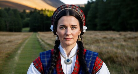 Scottish woman in traditional attire neutral expression portrait photo countryside setting