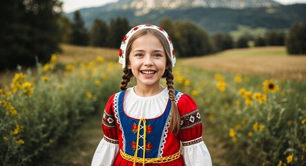 Slovenian girl in folk costume joyful expression portrait photo rural backdrop