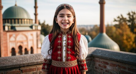 Turkish girl in Ottoman inspired attire joyful expression portrait photo historical backdrop