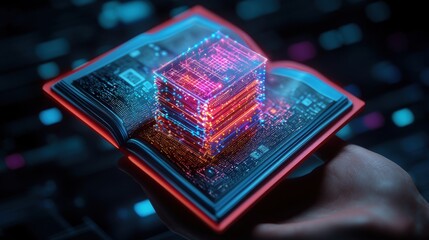 A futuristic book with glowing digital data represents technology, knowledge, and innovation in a modern world.