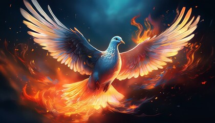 Wall Mural - flying dove of peace with fire