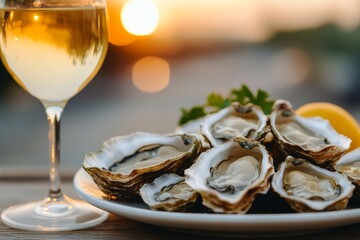 A plate of fresh oysters served with lemon and two glasses of white wine, set against a scenic waterfront view.