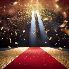 frame of falling gold confetti on red carpet on illuminated stage bright backdrop for award ceremony galas or red carpet events in fashion or film industry with copy space