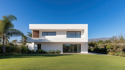 Modern white house with large windows and lush green lawn under a clear blue sky.