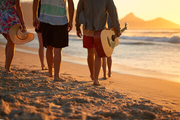 Wall Mural - Beach, legs and people with guitar, walking and closeup with vacation, travel and adventure. Friends, outdoor and group with summer holiday, string instrument and Bali with getaway trip and seaside