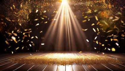 Poster - golden confetti rain on festive stage with light beam in the middle empty room at night mockup with copy space for award ceremony jubilee new year s party or product presentations