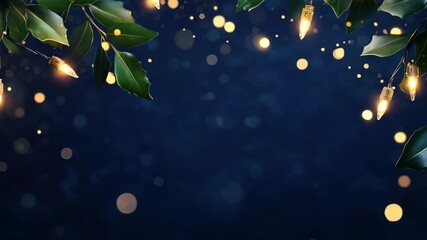 Wall Mural - Glowing bokeh lights from Christmas garland over dark blue background, festive ambiance