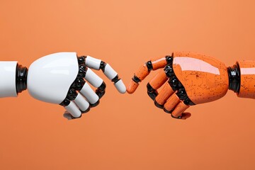 Two robot hands shaking in a futuristic environment, symbolizing cooperation, technology, and artificial intelligence.