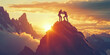 © Jaruwan photo - Climbers assisting each other at rocky peak during sunset, showcasing teamwork and determination against stunning backdrop of mountains and clouds