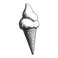 Wall Mural - Ice Cream Cone Detailed Black and White Outline Line Art Drawing with Vintage Style Sketch