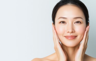 a beautiful japanese woman in her 40s with her hair tied back, smiling and gently touching her face,
