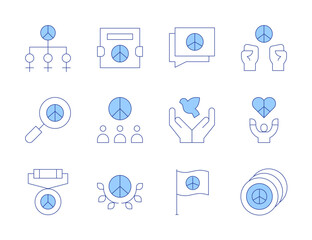 Peace icons. Line Duotone style, editable stroke. peacebuilding, peace flag, freedom rights, dove imagery, conflict resolution