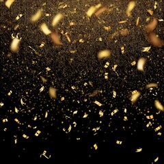 Poster - real gold confetti rain isolated on black background texture decoration overlay template for festive holiday celebrations