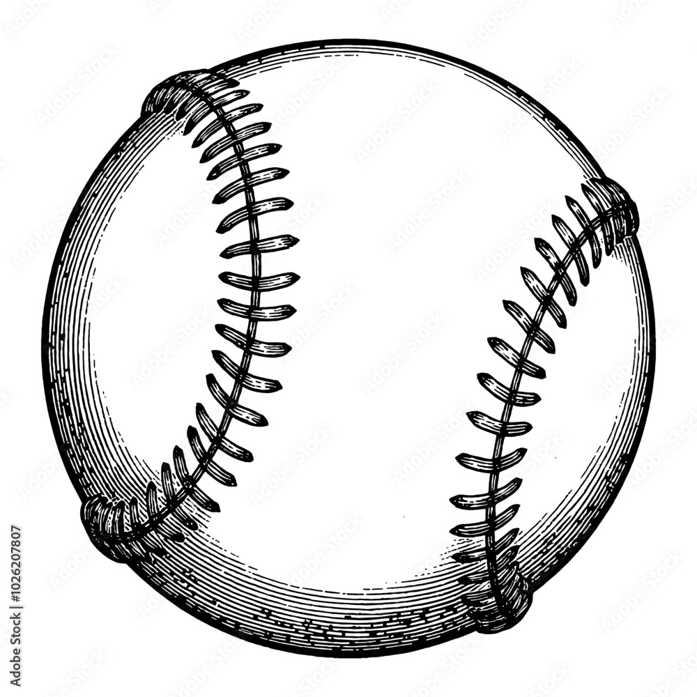 Baseball in Classic Vintage Detailed Black and White Outline Line Art ...