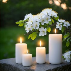 Wall Mural - white flowering branch and 3 white candle lights outside in a garden floral concept with burning can