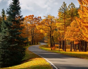 wide panorama of an autumn bright park with a winding asphalt road trees yellow orange leaves and pine trunks