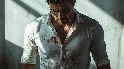 A man in a white shirt is standing in a room with a bloody shirt on