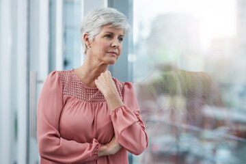 Canvas Print - Window, thinking and mature business woman with view, professional insight or creative inspiration. Reflection, planning and manager with vision, idea and decision for startup opportunity in office