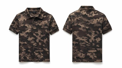 Wall Mural - stunning dynamic brown Camouflage army polo shirt, short sleeve mockup with front and back views isolated clean white background