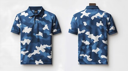 Wall Mural - stunning dynamic blue Camouflage army polo shirt, short sleeve mockup with front and back views isolated clean white background