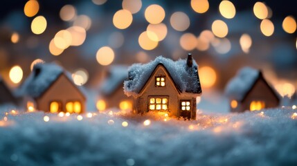 A whimsical village scene of small illuminated houses blanketed in snow, surrounded by a bokeh of twinkling lights, creating a cozy and enchanting winter ambiance.