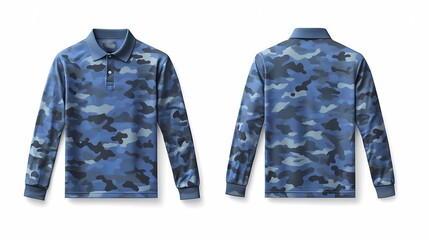 Wall Mural - stunning dynamic blue Camouflage army uniform shirt, long sleeve mockup with front and back views isolated clean white background