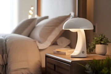 photo of a stylish white table lamp elegantly placed on a nightstand in a cozy bedroom.