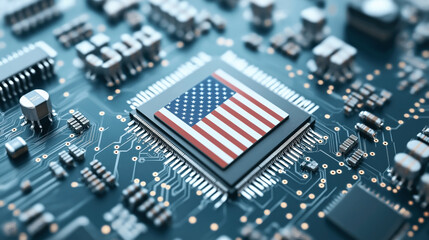 Poster - Close-up of a computer microchip with a flag design on a circuit board, symbolizing technology and electronics industry significance.