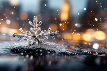 Crystal snowflake ornament on snowy surface with warm bokeh lights in the background