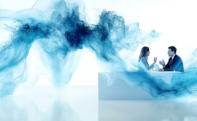 A man and woman in business attire sit at a table with blue smoke behind them.