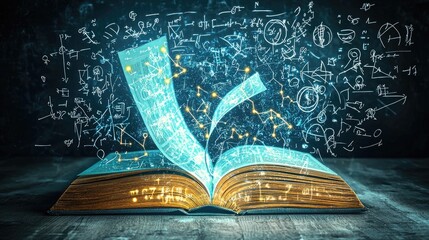 Wall Mural - A glowing book with mathematical equations and symbols floating around it, on a dark background, symbolizing the power of knowledge. Realistic photography style.