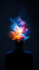 A stunning visual representation of imagination, showcasing a vibrant explosion of colors emanating from the head of a figure, symbolizing the power of creative thought and innovation.