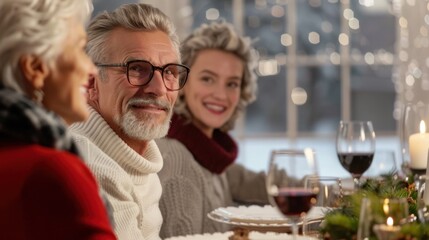 Wall Mural - Elderly friends dining together, sharing smiles and conversation by candlelight. warmth, companionship, and festive atmosphere at a cozy gathering.