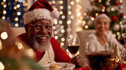 Wall Mural - Joyful man in santa hat enjoying holiday dinner with wine amid sparkling lights. festive gatherings, holiday cheer, and warm celebrations.