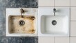 © SERHII - Grimy sink on left contrasts with pristine sink on right, showing cleaning efficacy. visualizes transformation, cleanliness, and hygiene improvement in household chores.