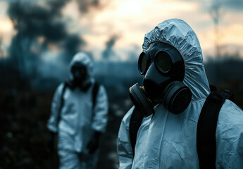 in a post-apocalyptic landscape, two figures in protective gear navigate through smoke and destructi