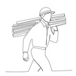 © Creative BD07 - One continuous line drawing of young lumberjack wearing uniform, helmet and glove while carrying woods stack. one line art.