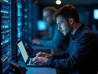 it technician checking the servers vitals using laptop computer, employee network administrator or c