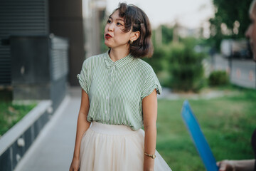 A confident businesswoman in a green blouse engages in conversation outdoors in an urban setting, conveying modern professional energy and communication skills.