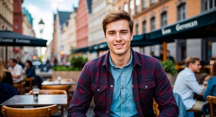 Young German guy in casual attire neutral pose portrait photo city cafe background