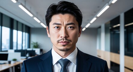 Young Japanese guy in a business suit serious expression portrait photo modern office background