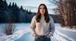 © sevenSkies - Young Russian woman in sweater and jeans neutral expression portrait photo winter landscape background