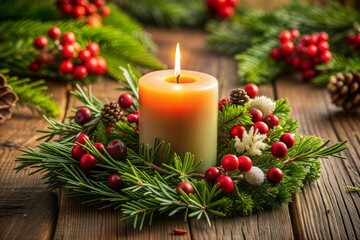 Canvas Print - single candle in christmas wreath holiday border of evergreen branches and red berries