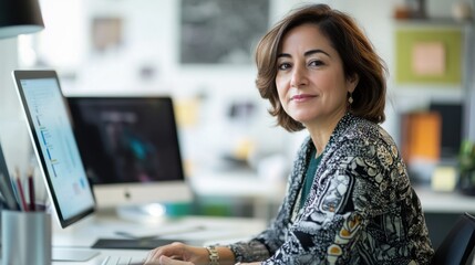 graphic designer working on branding, middle-aged hispanic woman with short brown hair, modern offic